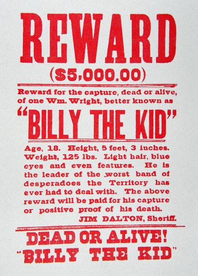 Palkintojuliste Billy the Kidille (1859-81) (litho) tekijältä American School