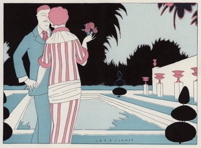 Romanttinen pariskunta kädestä pitäen uima-altaalla, kohtaus J. A. Waldronin novellista Prospective Honeymooners (värilitografia). tekijältä American School