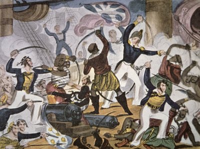 Kuninkaallisen laivaston merimiehet nousevat Algerinan merirosvolaivaan, n. 1820 (väri litho) tekijältä American School