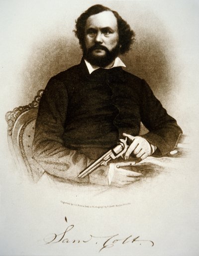 Samuel Colt pitelee yhtä lyömäsoittimien revolvereistaan (kaiverrus) tekijältä American School