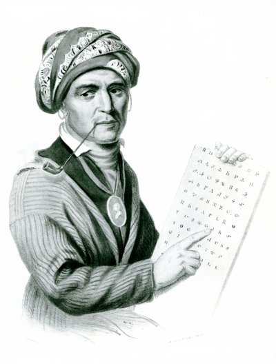 Se Quo Yah (Sequoyah), intialaisten aakkosten keksijä, 1836 (b:w kuva) tekijältä American School