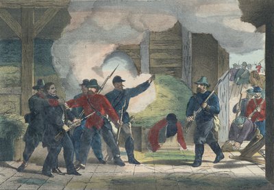 Murhaajan Wilkie Boothin takavarikointi ja kuolema, n. 1865 (väripainatus) tekijältä American School