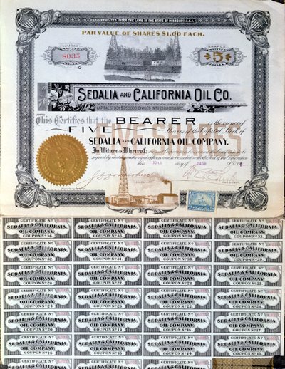 Osaketodistus Sedalialle ja Californian Oil Companylle, U.S.A., 1901 tekijältä American School