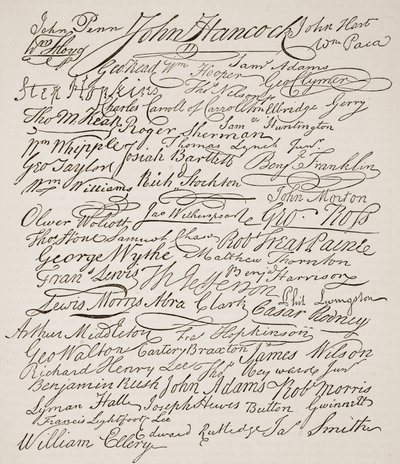 Allekirjoituksia itsenäisyysjulistukseen, 1776, kuvitus Cassells Illustrated History of Englandista (seepiakuva) tekijältä American School