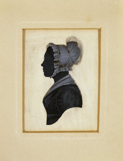Naisen siluetti, n. 1830-1840 (musta muste ruskealla ja valkoisella liiturajauksella kudospaperilla) tekijältä American School