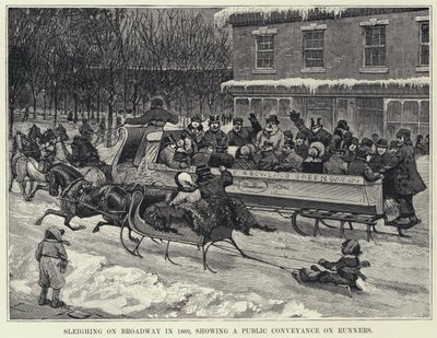 Kelkkailua Broadwaylla vuonna 1860, julkinen kulkue juoksijoilla (litho) tekijältä American School