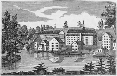 Kaakkoisnäkymä Yantic Fallsin tehtaista, Norwich, "Connecticut Historical Collections" -kokoelmasta, John Warner Barber, 1856 tekijältä American School