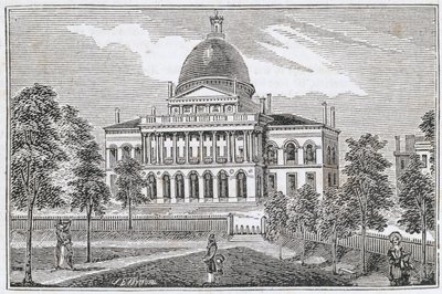 Eteläinen näkymä Bostonin osavaltion talosta Beacon Streetillä, "Massachusettsin historialliset kokoelmat", John Warner Barber, kaiverrus S. E. Brown, 1839 tekijältä American School