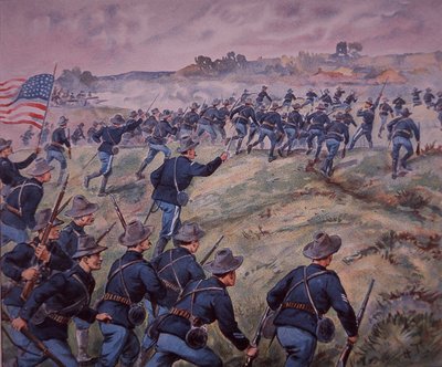 Espanjan ja Amerikan sota 1898, Yhdysvaltain joukot ryntäsivät San Juan Heightsiin Kuubassa (värilitho) tekijältä American School