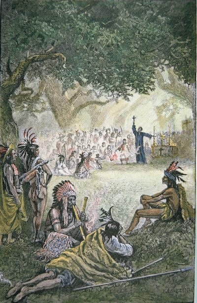 Espanjalaiset jesuiittalähetyssaarnaajat käännyttämässä alkuperäiskansoja Kaliforniassa 1600-luvulla (värilitho) tekijältä American School