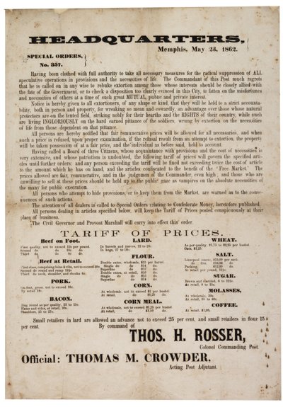 Erikoistilaus nro. 357, joka julkaisi elintarvikkeiden hinnat keinottelun estämiseksi, 23. toukokuuta 1862 tekijältä American School