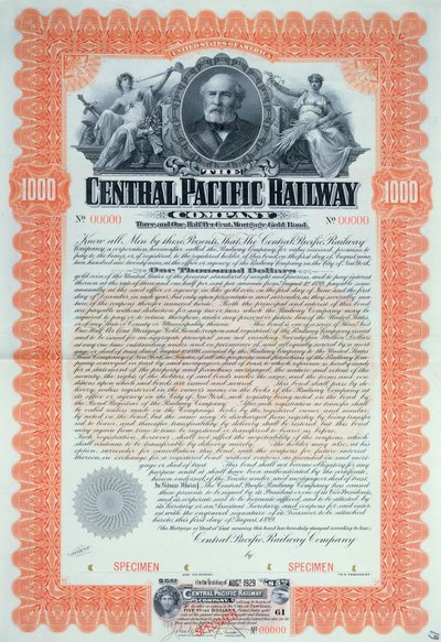 1000 dollarin joukkovelkakirjatodistuksen näyte Central Pacific Railway Company Companylle, 1899 tekijältä American School