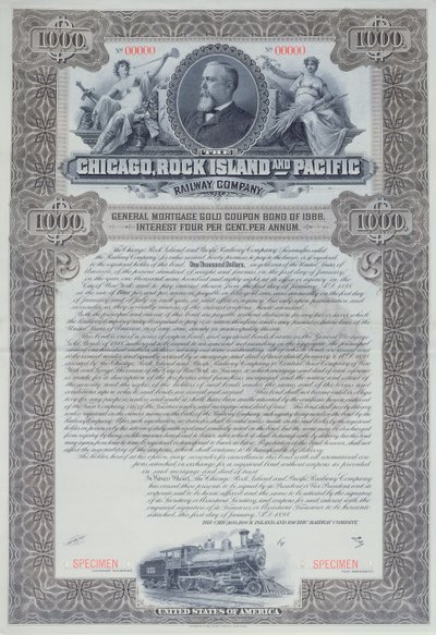 1000 dollarin joukkovelkakirjatodistuksen näyte Chicagon, Rock Islandin ja Pacific Railway Companylle, 1898 tekijältä American School