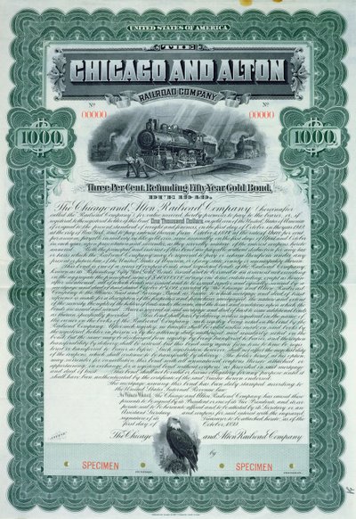 1000 dollarin joukkovelkakirjatodistuksen näyte Chicago and Alton Railroad Companylle, 1899 tekijältä American School