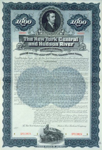 1000 dollarin joukkovelkakirjatodistuksen näyte New York Central and Hudson River Railroad Companylle, n. 1900 tekijältä American School