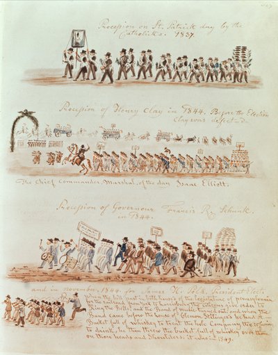 Pyhän Patrickin päivän kulkue vuonna 1837 ja kulkueet Henry Claylle, kuvernööri Francis Schunkille ja James Polkille vuonna 1844 (muste ja wc paperilla) tekijältä American School