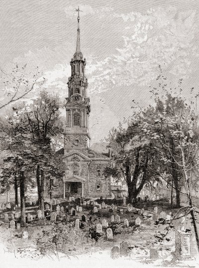 Pyhän Paavalin kirkko, New York, 1800-luvulla, vuodelta 1884, The Century Illustrated Monthly Magazine (kaiverrus). tekijältä American School