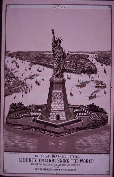 Vapaudenpatsas "pystytetään Bedloen saarelle", printti vuodelta 1885 (kaiverrus) tekijältä American School