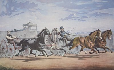 Stella ja Alice Gray - Lantern ja Whalebone, Passing the Stand (heidän mahtavassa ottelussaan in Double Harness over the Union Course L.I. 5. kesäkuuta 1855), pub. 1855, Currier & Ives tekijältä American School