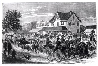 Street Scene New Yorkissa, kuvitus New Yorkista 1800-luvulla tekijältä American School