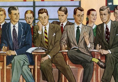Opiskelijat pöydissä istumassa 1940-luvun luokkahuoneessa tekijältä American School