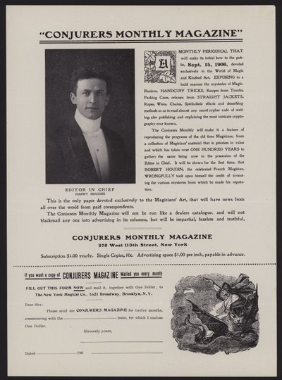 Conjurers Monthly Magazine -lehden tilauslomake, päätoimittaja Harry Houdini (litho) tekijältä American School