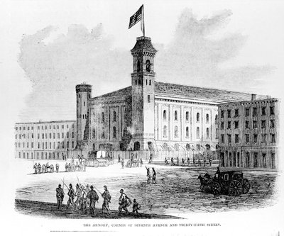 Armory, Seventh Avenuen ja Thirty-Fifth Streetin kulma, kohtaus Draft Riotsista New Yorkissa, 1863 tekijältä American School