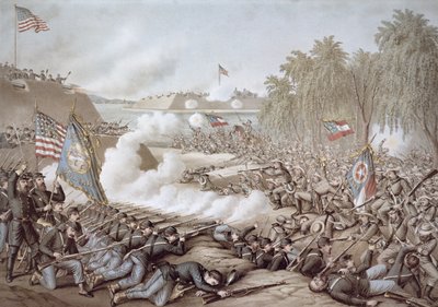 Korintin taistelu, 3.-4. lokakuuta 1862, jossa näkyvät pohjoisen ja etelän liput, kirjoittaja Kurz & Allison (väri litho) tekijältä American School