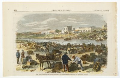 Confederates evakuoimassa Brownsvilleä, Texasia, n. 1864 (käsinvärinen litografia kudottulle puumassapaperille) tekijältä American School