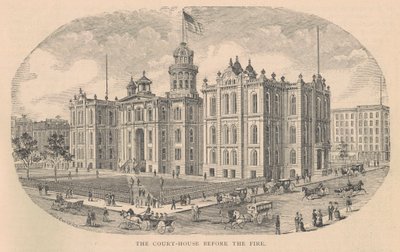 Oikeustalo ennen tulipaloa, painanut Moss Engraving Co., New York, kuva julkaisusta History of Chicago voi. 2, Alfred Theodore Andreas, julkaistu 1885 tekijältä American School