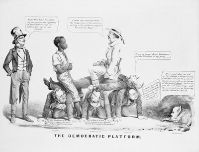 "The Democratic Platform" poliittinen sarjakuva, joka kommentoi demokraattisen puolueen asemaa orjuudessa, n. 1856 tekijältä American School