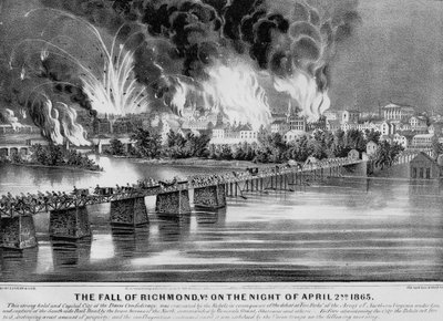 The Fall of Richmond, Va. yöllä 2. huhtikuuta 1865, pub. kirjoittanut Currier & Ives, 1865 tekijältä American School