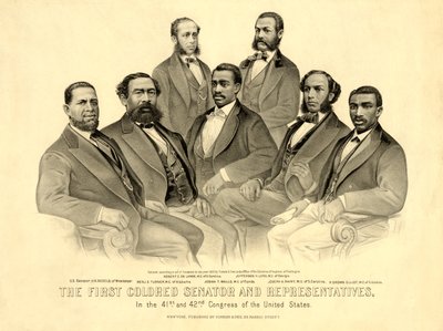 Ensimmäinen värillinen senaattori ja edustajat - Yhdysvaltain 41. ja 42. kongressissa, pub.1872 (litho) tekijältä American School