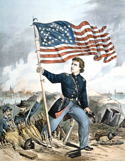"The Flag Again, Waves Over Sumter", kaiverrus Kimmel & Forster (väri litho) tekijältä American School