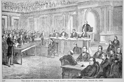 Presidentti Johnsonin viraltapano vuonna 1868, kuva "Frank Leslien sanomalehdestä", 28. maaliskuuta 1868 (litho) tekijältä American School