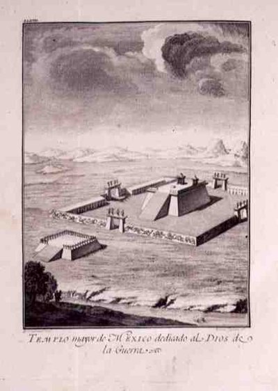 Meksikon päätemppeli, omistettu sodan jumalille, Antonio de Solis y Rivadeneira Solisin teoksesta "Meksikon valloituksen historia" 1783-84 (kaiverrettu levy) tekijältä American School