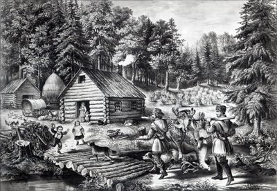 Pioneerin koti länsirajalla, pubi. Currier und Ives, 1867 tekijältä American School
