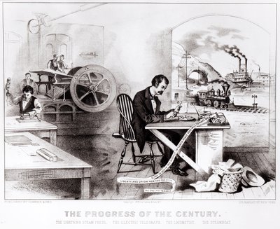 Vuosisadan edistys: Lightning Steam Press, Electric Telegraph, Locomotive and the Steamboat, pubi. kirjoittanut Currier & Ives, 1876 tekijältä American School
