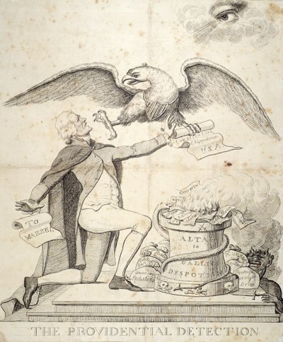Providential Detection, sarjakuva Thomas Jeffersonista (1743-1826), joka yrittää tuhota perustuslain tekijältä American School