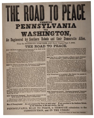 Tie rauhaan Pennsylvanian kautta Washingtonin kautta, Eteläisten kapinallisten ja heidän demokraattisten liittolaistensa King & Bairdin (1839-1876) suunnittelemana, 7. syyskuuta 1863 tekijältä American School