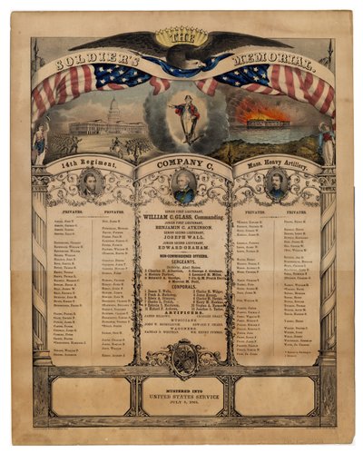 The Soldiers Memorial: 14. rykmentti, C-komppania, Mass. Heavy Artillery, pubi. kirjoittanut Currier & Ives, 1862 tekijältä American School