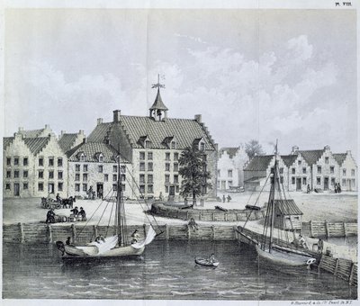 The Stadthuys of New York vuonna 1679, Corner of Pearl Street ja Coentijs Slip, Jasper Danckaertsin (s.1639) ja Peter Sluyterin (1645-1722) Journal of a Voyage to New York 1679-80 -julkaisusta, julkaistu 1867 tekijältä American School