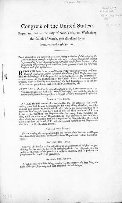 Yhdysvaltain Bill of Rights, valmistunut 1789 (painettu) tekijältä American School