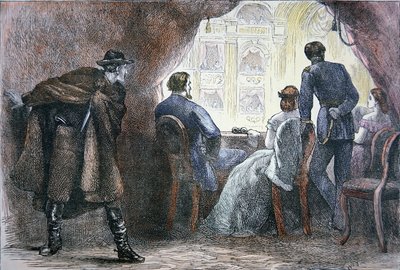 Abraham Lincolnin (1809-65) salamurha Fordin teatterin laatikossa, 14. huhtikuuta 1865 (värilitho) tekijältä American School