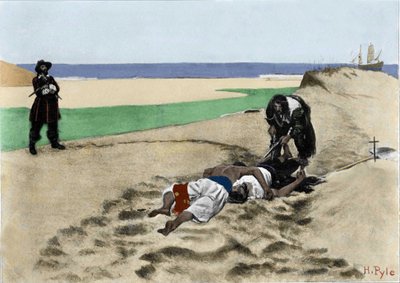 Kuolleet eivät puhu: kuvitus merirosvoista yhdysvaltalaisen kuvittajan Howard Pylen (1853-1911) kirjasta "Book of pirates Buccaneers and Marooners of the Spanish Main". 1887. tekijältä American School