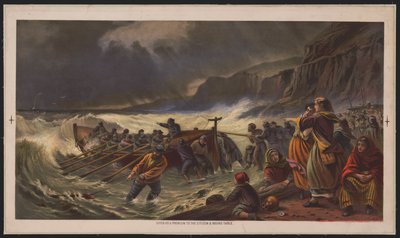 Lähtö, pelastusveneen vesillelasku, n. 1878 (kromolitografia) tekijältä American School