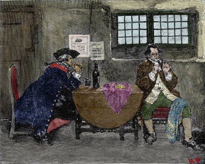 Hakkeri Henry Every (John Avery, Long Ben, Benjamin Bridgeman) (? -1695) myy vihollisen hyökkäysten aikana löydettyjä koruja. Kuvitus: Howard Pyle (1853-1911) tekijältä American School