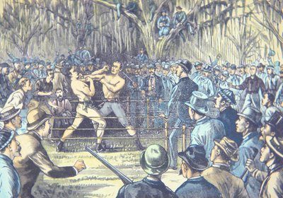 Viimeinen paljain rystysnyrkkeilyn mestaruusottelu vuonna 1889, John L. Sullivan v. Jake Kilrain Richburgissa, Mississippissä (värilitho) tekijältä American School