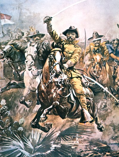 Theodore Roosevelt johti "Rough Riders" -sarjaa Espanjan ja Amerikan sodan aikana, yksityiskohta W.G. Roadin maalauksesta tekijältä American School