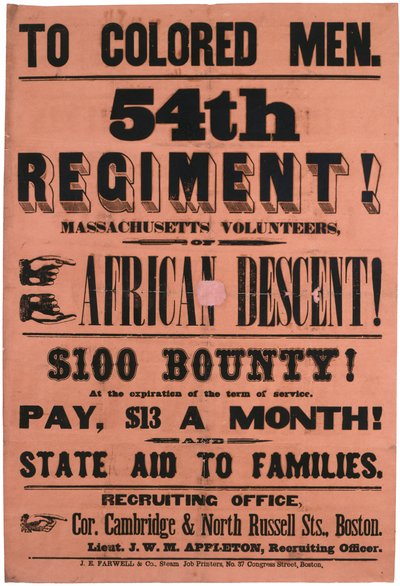 Värillisille miehille. 54. rykmentti! Massachusetts Volunteers, afrikkalaissyntyinen, 1863 tekijältä American School